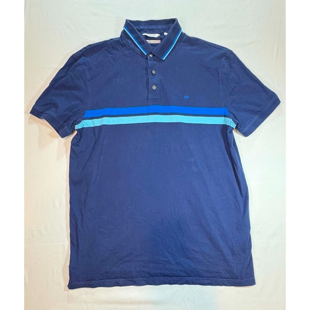 Calvin Klein Liquid Touch Polo Shirt Mens Medium M Navy Blue Striped Cotton CK